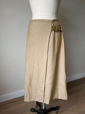 Tan Midi Wrap Skirt Size 14 | Buckle Detail A-Line | Fall Winter Chic Skirt